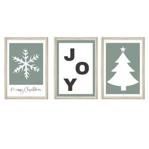 Christmas prints, set of 3, Green Modern Christmas Decor Prints, portrait wall